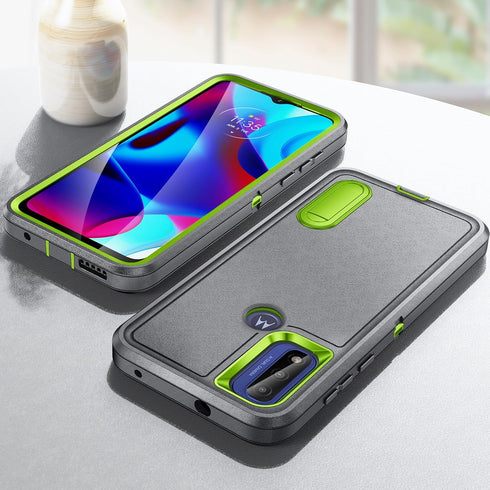 Moto G Play 2023 Case with Kickstand, 3-Layer Military Grade Protective Silicone Shockproof Cover (Gray+Green)