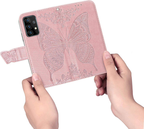 Wallet Case for Galaxy A52 4G/5G, PU Leather Flip Cover with Wrist Strap, Cash Credit Card Slots, Emboss Butterfly
