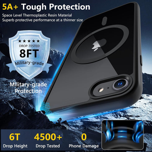 BESINPO Military Drop Shockproof Magnetic Case for iPhone SE 2022/2020/8/7, Black, with Tempered Glass Protector,