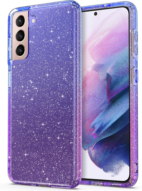 ULAK Clear Glitter Case for Samsung Galaxy S21 5G, Sparkly Soft TPU Bumper Bling Cover for Women Girls - Blue+Purple