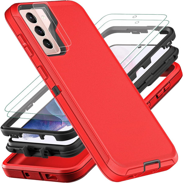 Samsung Galaxy S21 Plus Case with 2Pcs Self Healing TPU Screen & Camera Lens Protectors - Military Grade Red/Black