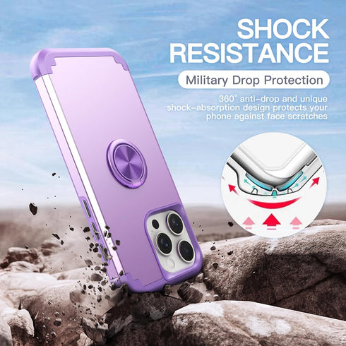IDweel iPhone 15 Pro Max Case: 2-in-1 Shockproof with Screen Protector, 360° Ring Holder, Camera Lens Protector, Purple.