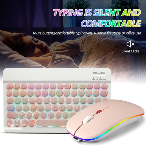 Bluetooth Keyboard and Mouse Combo for iPad - Rechargeable Wireless Keyboard & Mouse with 7-Color Backlit Compatible with iPad 9th/8th Gen, iPad Pro/Air/Mini, iPhone14/13/12 Pro, Round Keys Pink