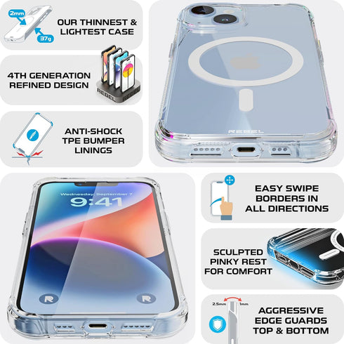 REBEL Clear Case for iPhone 14 - Crystal Series Gen-4, Strong MagSafe Compatible, Protective Shockproof Bumpers