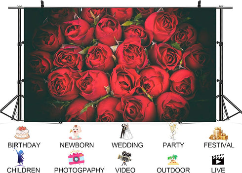 UPXIO 8x6ft Dense Red Roses Bouquet Backdrop Romantic Floral Deep Red Petals Photo Background Tapestry for Wedding