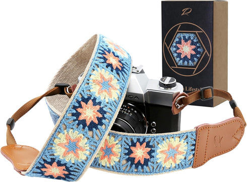 Padwa Lifestyle Hollow Crochet Pink Daisy Camera Strap, Double Layer Cowhide Ends, Adjustable Neck & Shoulder Strap