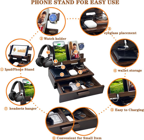 Gifts for Men Women Him Husband Son Birthday Organizer Wood Phone Docking Station - Gift Ideas for Mother's Day