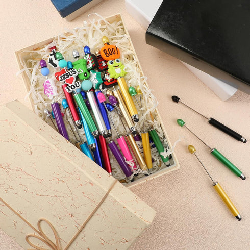 Qilery 30 Pcs Beaded Pens with Stylus Tips, Plastic Beaded DIY 2-in-1 Stylus for Rubber Touch Screen Handwriting,