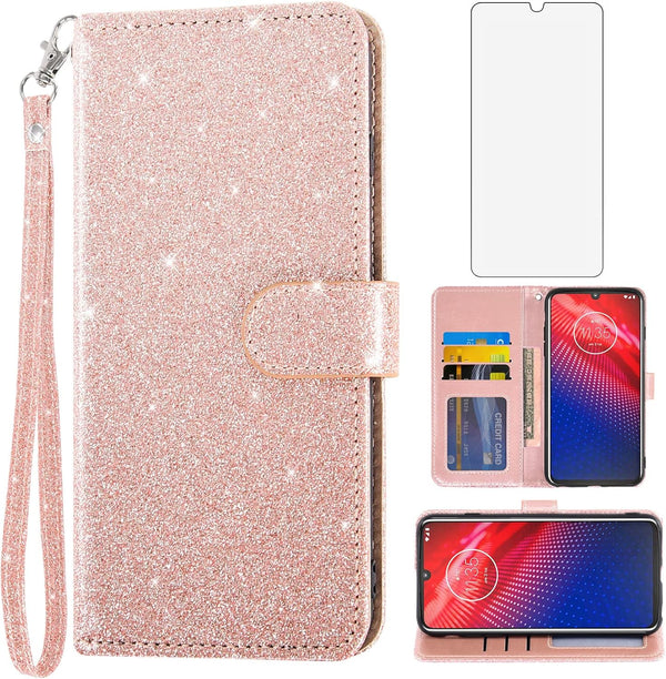 Asuwish Phone Case for Moto Z4/Moto Z 4 Play/MotoZ4 Force with Tempered Glass Screen Protector and Glitter Wallet Cover