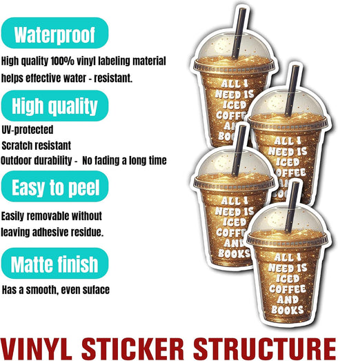 KIMAMZ Pack 4PCS All I Need is Iced Coffee and Books Stickers Reading Inspirational Waterproof Vinyl Decals Decor