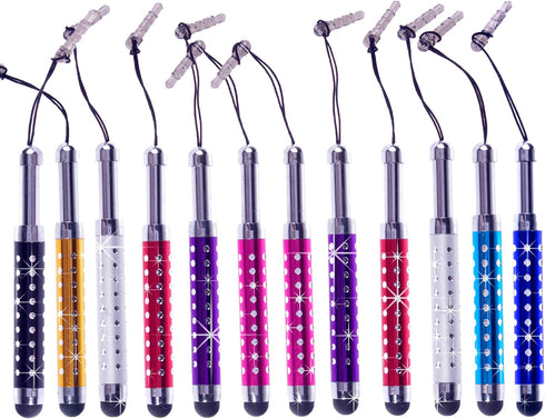 ECO-FUSED 12 Adjustable Bling Stylus Pen Bundle - 3.5mm Jack Connector for All Capacitive Touchscreen Devices