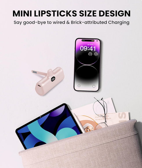 Pink Small Portable Charger for Lightning with Built-in Metal Stand, Lightweight Power Bank 5000mAh with Digital