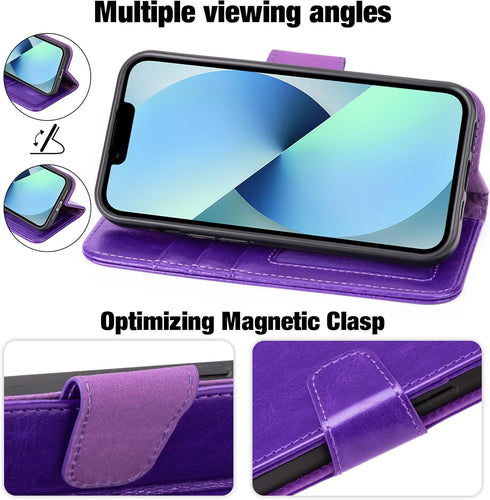 Arae Compatible with iPhone 13 Case with Card Holder and Wrist Strap Wallet Flip Cover for iPhone 13 6.1 inch, Purple