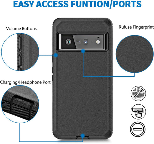 Anloes Case for Google Pixel 6, Heavy Duty Shockproof Dustproof Rugged Defender 3 in 1 Bumper Cover, Black