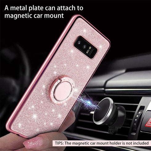 Cute Bling Glitter Phone Case for Samsung Galaxy Note 8, Shockproof 2-Layer Protective Cover with Ring Stand & Lanyard