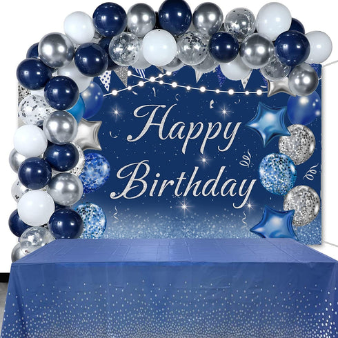 Navy Blue Happy Birthday Backdrop with Silver Glitter Balloons, Star Flag Sequins for Adult Birthday Party Decoration