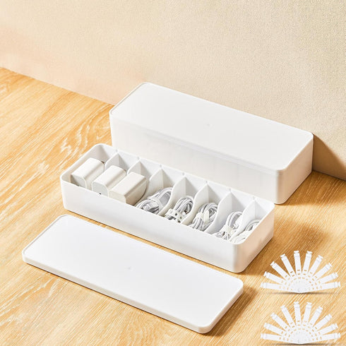 Tatuo 2 Pcs Cable Organizer Box with Wire Ties, Plastic Cord Storage Box with Lid for Home Office Accessories