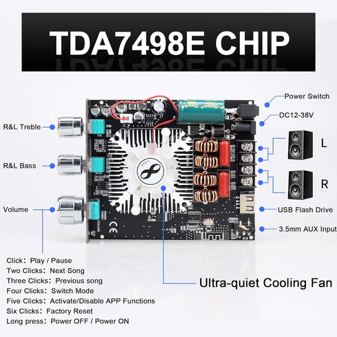 T160HS 160W+160W Amplifier Board with Treble and Bass Control, Bluetooth/AUX/USB Input, 2.0 Channel