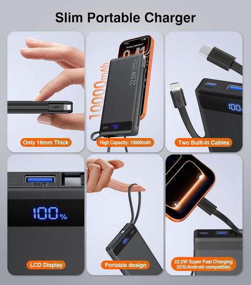 TEMINICE 2 10000mAh, 22.5W Pack, 17 16 15 etc(1 Power Bank with Built-in Cables PD Slim Portable Charger USB C Battery