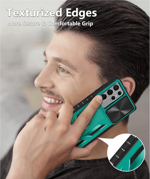Case for Samsung Galaxy S22 Ultra: Rugged Protective Mobile Phone Cover with Kickstand & Slide - Green