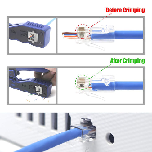 VCE 50-Pack RJ45 Cat6 Pass Through Connectors, Gold Plated Cat 6/Cat 5e RJ45 Ends for Solid or Stranded UTP Network