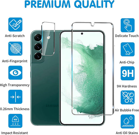Screen Protector (3 Pack) for Samsung Galaxy S22 5G, 9H Tempered Glass, Ultrasonic Fingerprint Compatible, HD Clear, Case Friendly, 6 Pack Including Camera Protectors