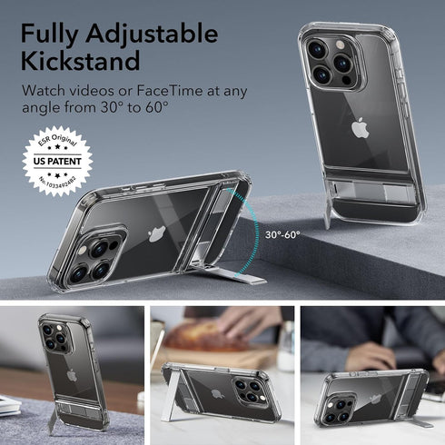 ESR Boost Series iPhone 15 Pro Case: Slim Clear Back, Metal Kickstand, 3 Stand Modes, Military-Grade Protection,
