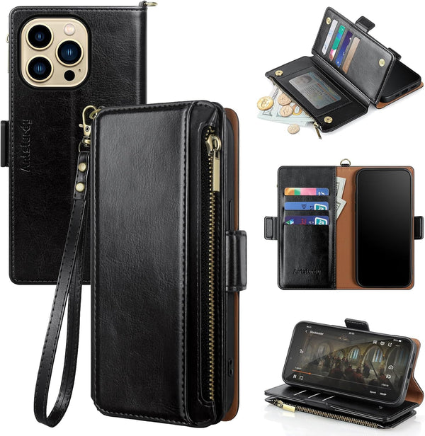 Antsturdy Wallet Case for iPhone 13 Pro Max, RFID Blocking PU Leather Flip Cover with Wrist Strap and Zipper Credit