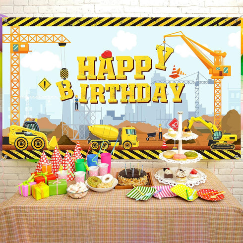 Irenare Happy Birthday Backdrop Dump Truck Excavator Crane Banner Photography Studio Props Cake Table Decorations