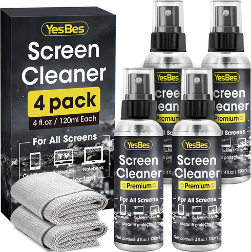 Screen Cleaner Spray 16oz (4oz x 4 Pack) - TV, Computer, Car Screen Cleaner with 2 Microfiber Cloths for Electronics