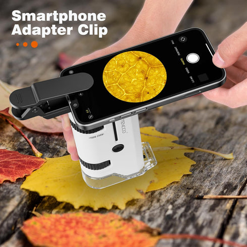 100x-250x Mini Pocket Microscope for Kids Adults, Portable Handheld Microscope with 5 Slides, Phone Adapter