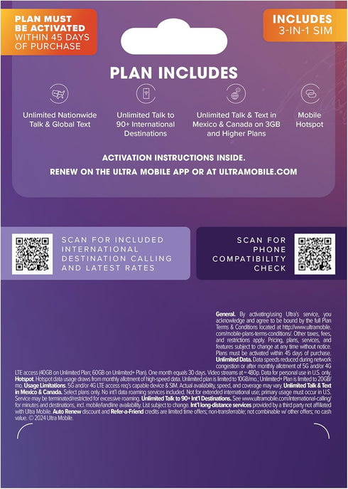 Ultra Mobile $24/mo. 8GB 5G 4G 1 (3-in-1 Prepaid Phone Plan with Unlimited Talk, Text, & of LTE Data for Month SIM Card