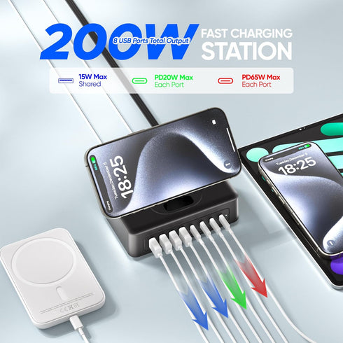 Acozvin 200W 11-in-1 2AC 8USB 5ft USB Charging Station, USB C Power Strip Surge Protector, Outlets & Ports, Flat Plug