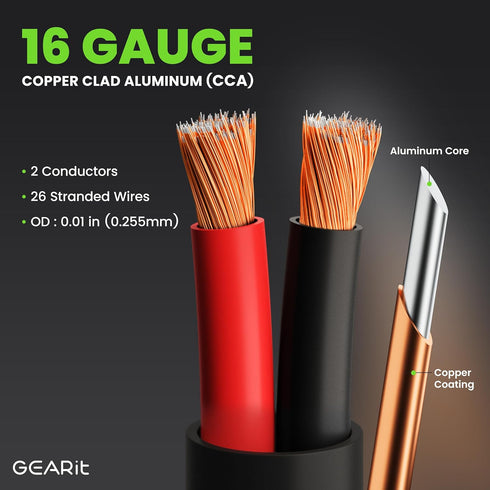 GEARit 16/2 Speaker Wire (100 Feet), 16 Gauge Copper Clad Aluminum, Outdoor Direct Burial, CL3 CL2 Rated, Black