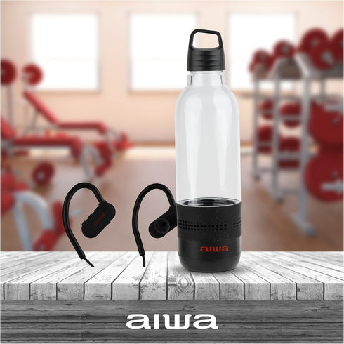 AIWA Water Bottle with Speaker and Earphone Bundle, 400ml Bottle with 4 Hour Playtime, Black