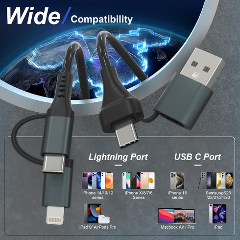 USB-C and Lightning Cable 4 in 1 Combo - MFi Certified Coiled iPhone Charger Cord for Apple Carplay & Android Auto
