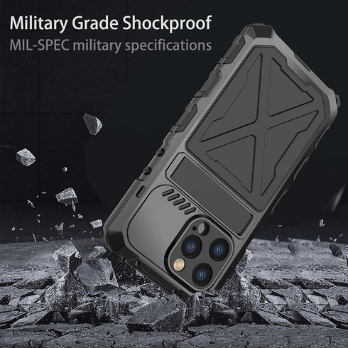 iPhone 14 Plus Metal Bumper Case, Military Rugged Heavy Duty Armor Defender with Built-in Gorilla Glass (Black)