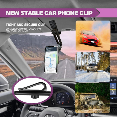 Multifunctional 360° Rotating Sun Visor Cell Phone Holder, Compatible with iPhone, Samsung, Android, Universal Rearview