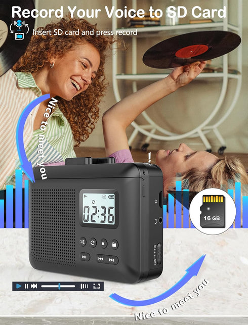 Gracioso Cassette Player,Cassette MP3 Cassette 1000mah Jack,16GB Portable to via SD Card, Walkman Tape Player