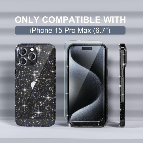 Choiche Cute Clear Glitter Bling Case for iPhone 15 Pro Max, Includes 3 Diamond Camera Lens Protectors, Glitter Black