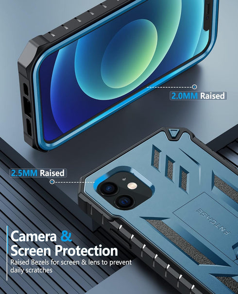 FNTCASE iPhone 12 Pro Case: Rugged Military Grade Drop Proof Cover with Kickstand, Matte Textured TPU, 6.1" - Blue
