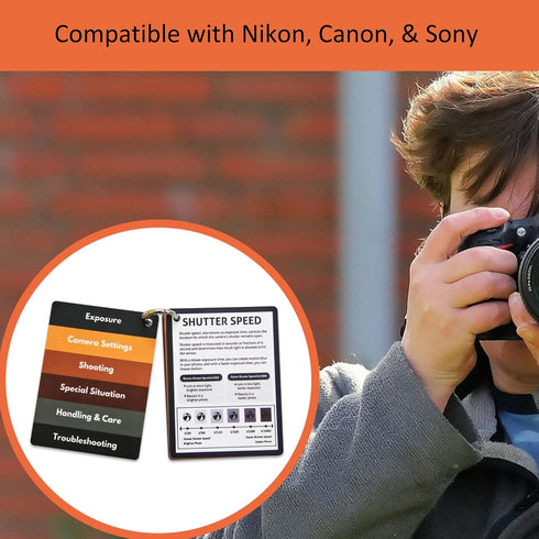 DSLR Camera Photography Cheat Sheet Cards, Quick Reference Flashcards for Canon, Nikon, Sony Photographers