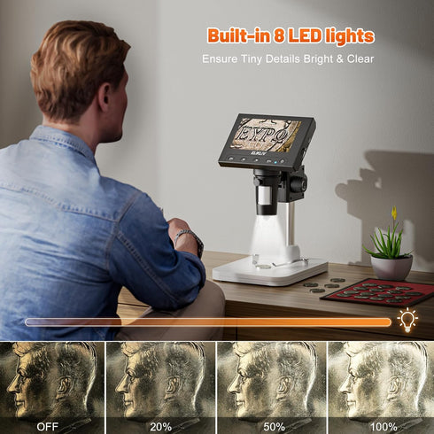 Elikliv Microscope, LCD Digital Coin Microscope 1000x, 8 Adjustable LED Lights, PC View Compatible