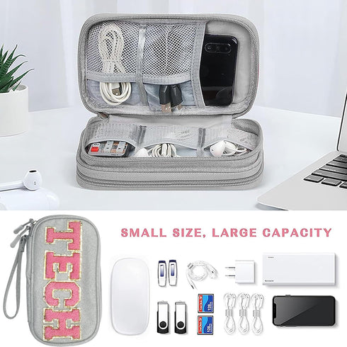 Electronics Accessories Organizer Bag | Compact Waterproof Case with Chenille Letter Patch TECH for Women
