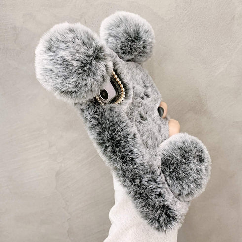 LUVI Plush Furry Case for iPhone 12, Cute Cartoon Bear Ear with Bling Glitter, 3D Diamond Bowknot, Gray