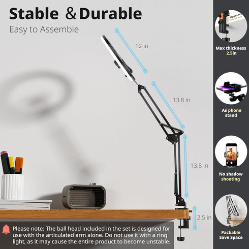 UBeesize 12’’ Ring Light with Overhead Phone Mount, LED Selfie Light with Stand for iPhone and Laptop, Desk Light for