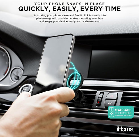 iHome 360 Air Vent Clip Car Mount, Rotation, Secure Fit, Adjustable Grip (Magnetic Air Vent)