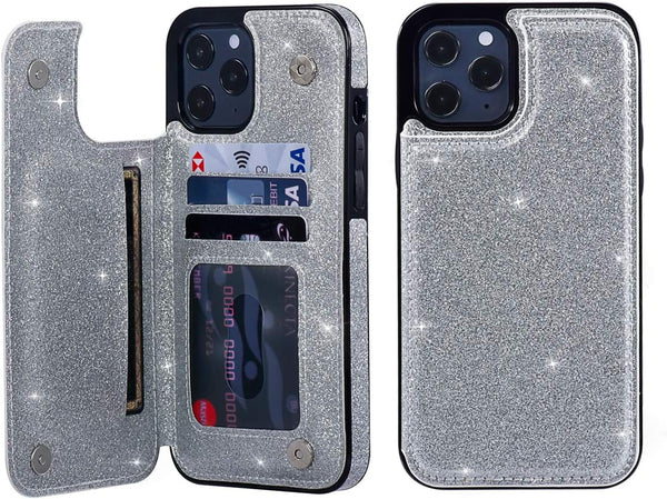 UEEBAI Case for iPhone 12 Pro Max 6.7 inch, Premium Glitter PU Leather Wallet Cover with Card Slots and Stand Function