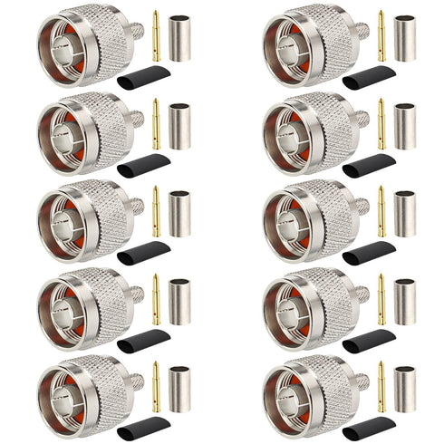 N Male Plug Crimp Coax Connector Adapter for RG58 LMR195 KSR195 RG400, 10 Pack