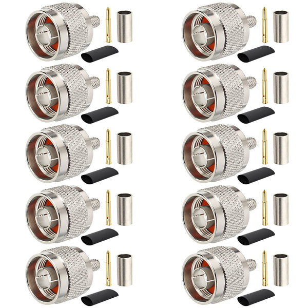 N Male Plug Crimp Coax Connector Adapter for RG58 LMR195 KSR195 RG400, 10 Pack